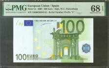 100 Euros. 1 de Enero de 2002. Firma Duisenberg. Serie V (España). (Edifil 2021: 490, Pick: 5v). SC. Encapsulado PMG68EPQ.