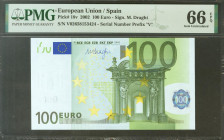 100 Euros. 1 de Enero de 2002. Firma Draghi. Serie V (España). (Edifil 2021: 490B, Pick: 18v). SC. Encapsulado PMG66EPQ.