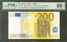 200 Euros. 1 de Enero de 2002. Firma Duisenberg. Serie V (España). (Edifil 2021: 491, Pick: 6v). SC. Encapsulado PMG66EPQ.