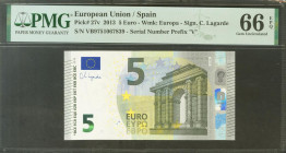 5 Euros. 2 de Mayo de 2013. Firma Lagarde. Serie V (España). (Edifil 2021: 493A, Pick: 27v). SC. Encapsulado PMG66EPQ.