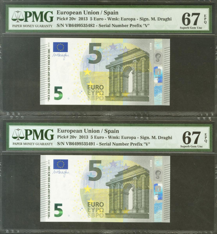 5 Euros. 2 de Mayo de 2013. Pareja correlativa. Firma Draghi. Serie V (España). ...