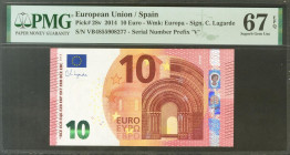 10 Euros. 23 de Septiembre de 2014. Firma Lagarde. Serie V (España). (Edifil 2021: 494, Pick: 28v). SC. Encapsulado PMG67EPQ.