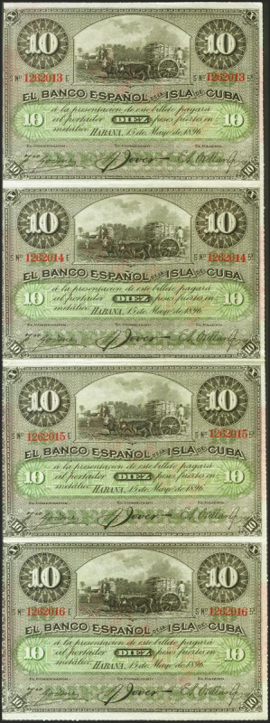 Conjunto de 4 billetes de 10 Pesos del Banco Español de Cuba emitidos el 15 de M...