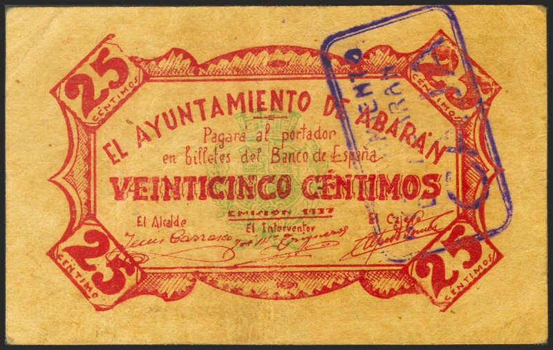 ABARAN (MURCIA). 25 Céntimos. 1937. Numeración muy baja. (González: 16). Inusual...