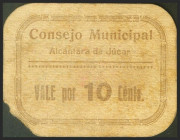 ALCANTARA DE JUCAR (VALENCIA). 10 Céntimos. (1937ca). (González: 294). Muy raro, falta en la esquina inferior izquierda. BC-.