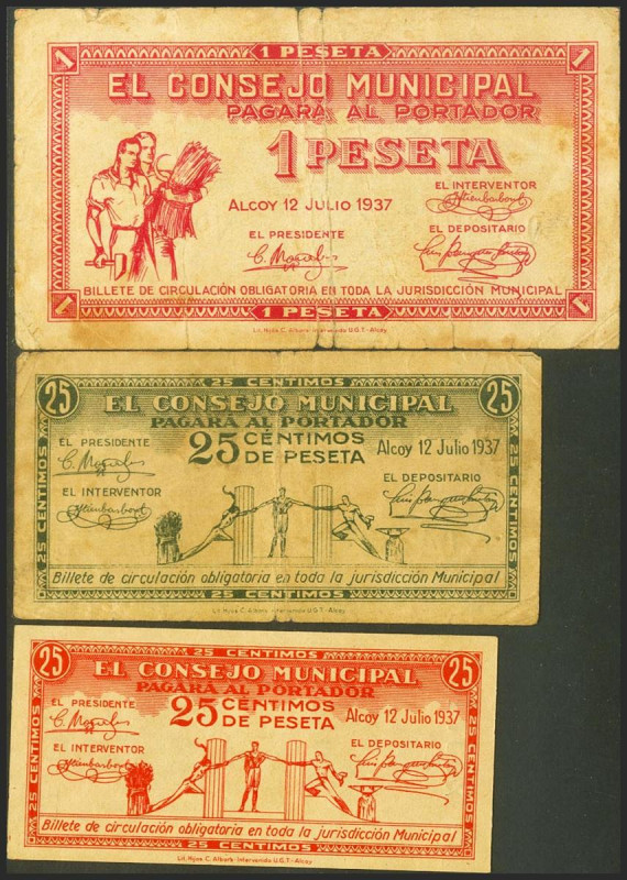 ALCOY (ALICANTE). 25 Céntimos (2) y 1 Peseta. 12 de Julio de 1937. (González: 37...