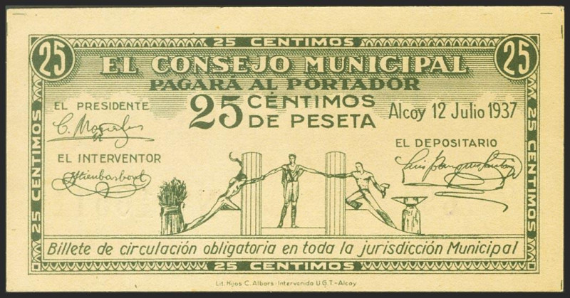 ALCOY (ALICANTE). 25 Céntimos. 12 de Julio de 1937. Marca Consejo Municipal". (G...