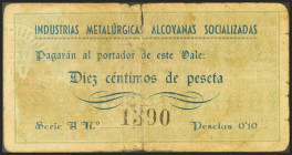 ALCOY (ALICANTE). 10 Céntimos. (1937ca). Industrias Metalúrgicas Alcoyanas Socializadas. Serie A. (González: 385). Muy raro. BC.