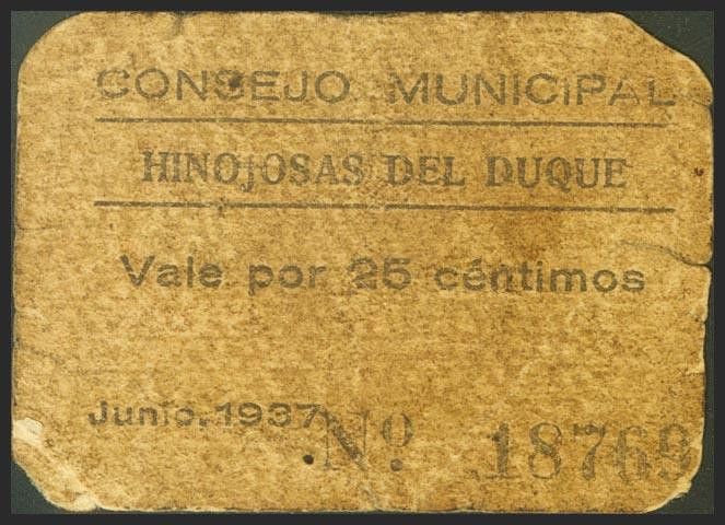 HINOJOSA DEL DUQUE (BADAJOZ). 25 Céntimos. Junio 1937. (González: 2862). Raro. B...