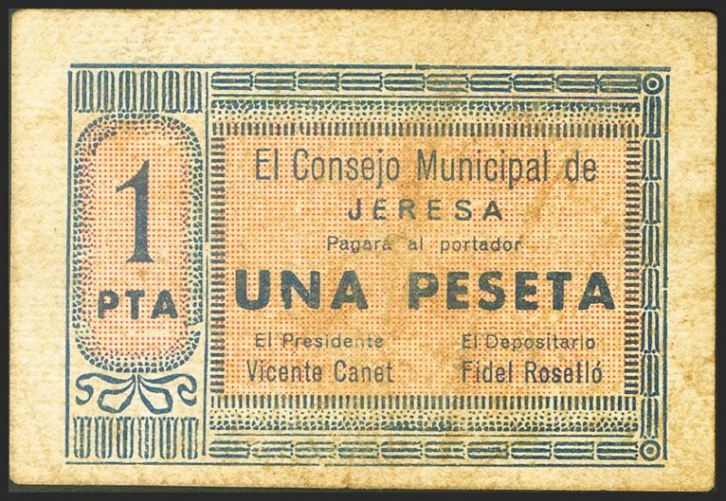 JERESA (VALENCIA). 1 Peseta. (1937ca). Serie A. (González: 3038). Rarísimo. MBC+...