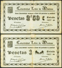 MUNIESA (TERUEL). 1 Peseta y 2´50 Pesetas. (1937ca). (González: 3764, 3766). Presencia de cinta adhesiva de época en ambos. Raros. BC.