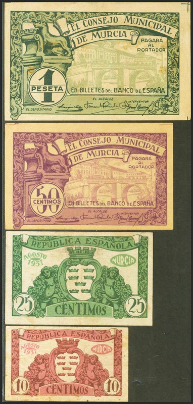 MURCIA. 10 Céntimos, 25 Céntimos, 50 Céntimos y 1 Peseta. (1937ca). Series M, D,...