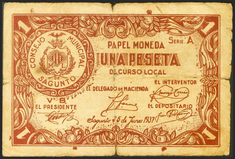 SAGUNTO (VALENCIA). 1 Peseta. 25 de Junio de 1937. Serie A. (González: 4634). MB...