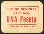 VILLANUEVA DE CASTELLON (VALENCIA). 1 Peseta. 1938. Serie A. (González: 5619). Raro. EBC.