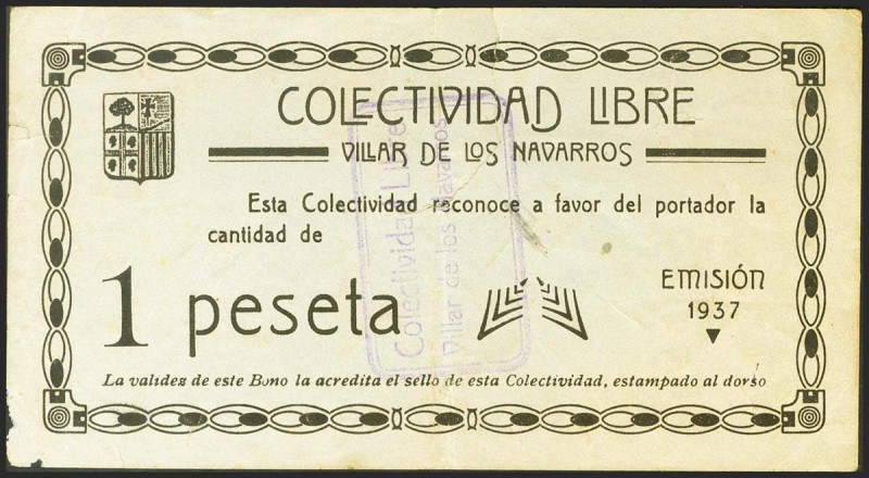 VILLAR DE LOS NAVARROS (ZARAGOZA). 1 Peseta. 1937. (González: 5701). Muy raro. M...