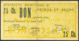 ARTESA DE SEGRE (LERIDA). 25 Céntimos. 10 de Enero de 1937. (González: 6428). Raro. MBC-.