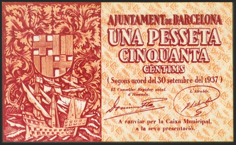 BARCELONA. 1´50 Pesetas. 30 de Septiembre de 1937. Serie B. (González: 6522). EB...