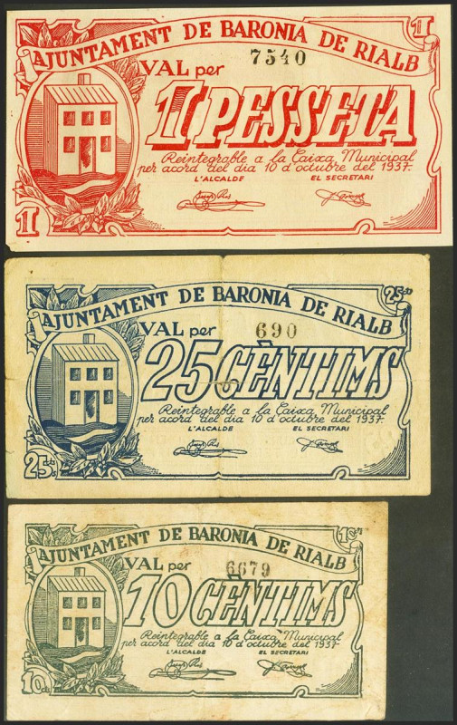 BARONIA DE RIALB (LERIDA). 10 Céntimos, 25 Céntimos y 1 Peseta. 10 de Octubre de...