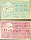 BREDA (GERONA). 50 Céntimos y 1 Peseta. 11 de Mayo de 1937. Serie B, ambos. (González: 7202/03). Inusual serie completa. SC-.