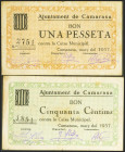 CAMARASA (LERIDA). 50 Céntimos y 1 Peseta. Marzo 1937. (González: 7315/16). Rara serie completa. MBC/MBC-.