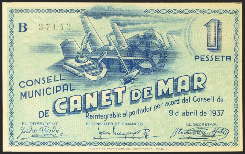 CANET DE MAR (BARCELONA). 1 Peseta. 9 de Abril de 1937. Serie B. (González: 7343...