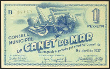 CANET DE MAR (BARCELONA). 1 Peseta. 9 de Abril de 1937. Serie B. (González: 7343). SC.