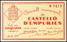 CASTELLO D´EMPURIES (GERONA). 50 Céntimos. Abril 1937. Serie B. (González: 7483). SC.