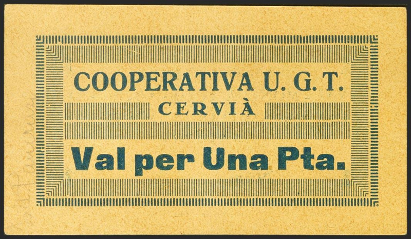 CERVIA DE LES GARRIGUES (LERIDA). 1 Peseta. (1937ca). Cooperativa U.G.T. Gonzále...