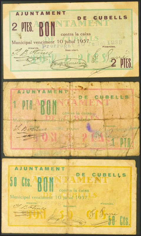 CUBELLS (LERIDA). 50 Céntimos, 1 Peseta y 2 Pesetas. 1 de Marzo de 1937. (Gonzál...