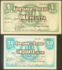 DOSRIUS (BARCELONA). 50 Céntimos y 1 Peseta. 12 de Mayo de 1937. Serie A, ambos. (González: 7721/22). Rara serie completa. SC.