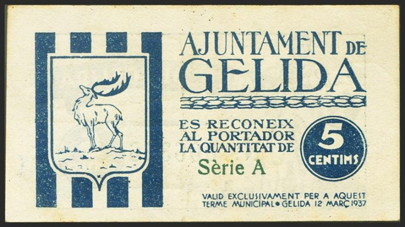 GELIDA (BARCELONA). 5 Céntimos. 12 de Marzo de 1937. Serie A. (González: 8014). ...