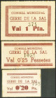 GERRI DE LA SAL (LERIDA). 20 Céntimos, 25 Céntimos y 1 Peseta. (1937ca). (González: 8020/22). Muy rara serie completa. EBC.