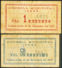 ISONA (LERIDA). 50 Céntimos y 1 Peseta. (1937ca). (González: 8263/64). Inusual serie completa. MBC-.