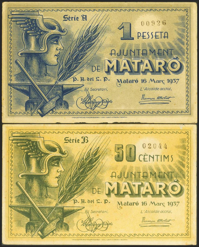 MATARO (BARCELONA). 50 Céntimos y 1 Peseta. 16 de Marzo de 1937. Series B y A, r...