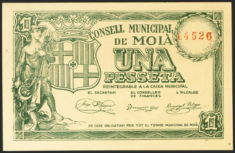 MOIA (BARCELONA). 1 Peseta. (1937ca). (González: 8690). SC.