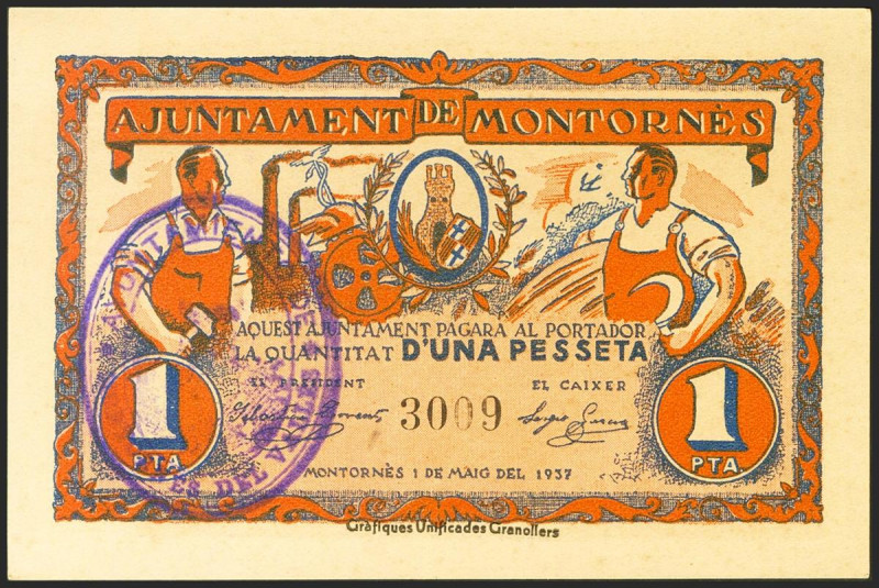 MONTORNES (BARCELONA). 1 Peseta. (1937ca). (González: 8809). Inusual. SC-.