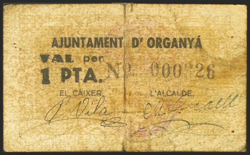 ORGANYA (LERIDA). 1 Peseta. (1937ca). (González: 9042). Muy raro, unido mediante...