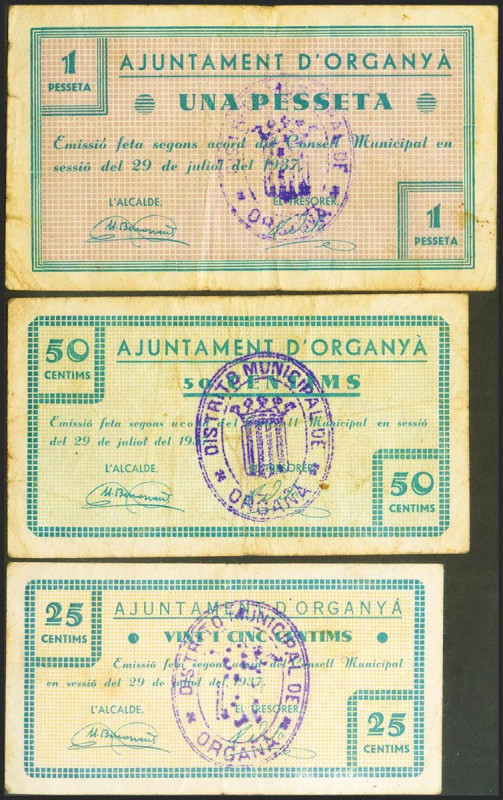 ORGANYA (LERIDA). 25 Céntimos, 50 Céntimos y 1 Peseta. 29 de Julio de 1937. (Gon...