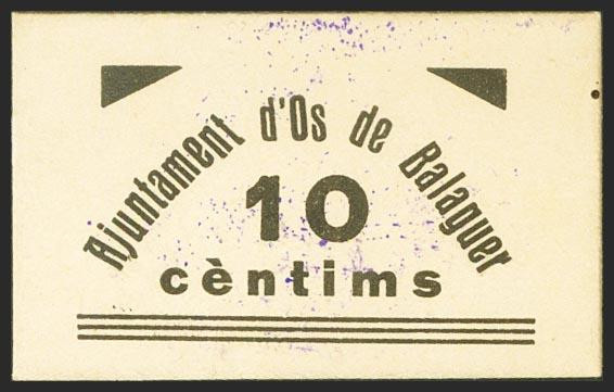 OS DE BALAGUER (LERIDA). 10 Céntimos. (1937ca). (González: 9056). Muy raro. EBC....