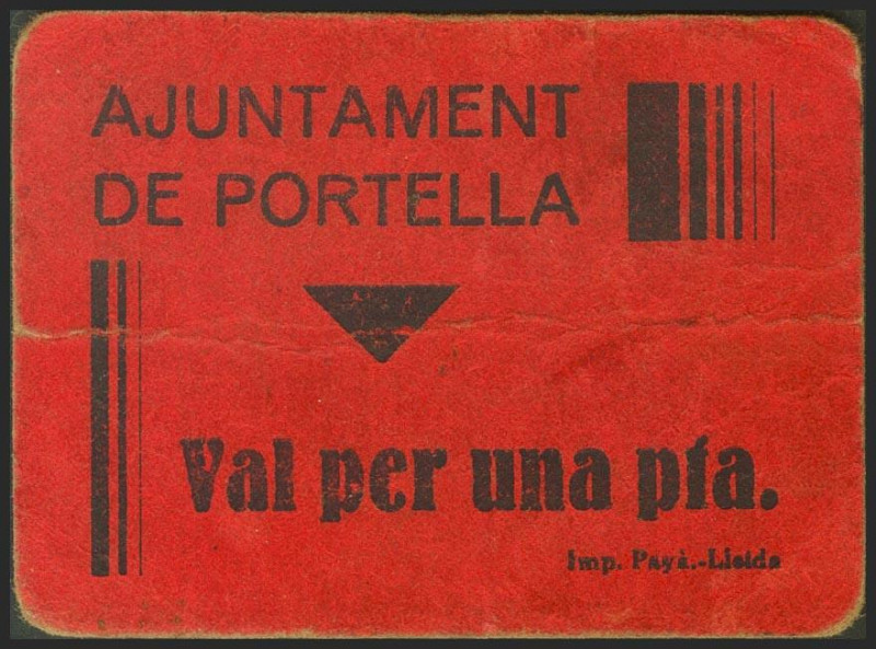 PORTELLA (LERIDA). 1 Peseta. (1937ca). (González: 9404). Rarísimo. MBC+.