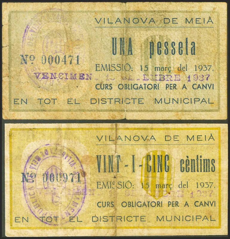 VILANOVA DE MEIA (LERIDA). 25 Céntimos y 1 Peseta. 15 de Marzo de 1937. (Gonzále...