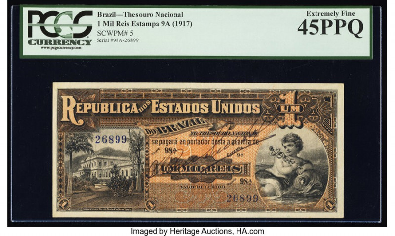 Brazil Thesouro Nacional 1 Mil Reis ND (1917) Pick 5 PCGS Extremely Fine 45PPQ. ...