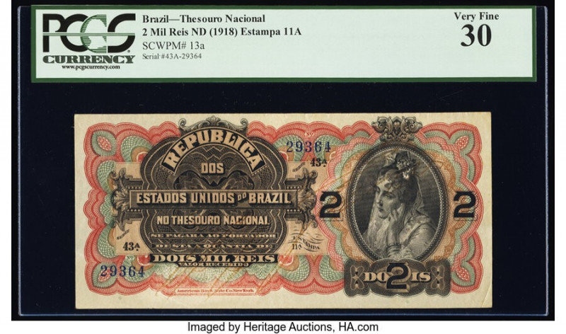 Brazil Thesouro Nacional 2 Mil Reis ND (1918) Pick 13a PCGS Very Fine 30. 

HID0...