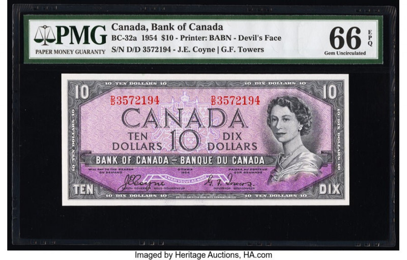 Canada Bank of Canada $10 1954 BC-32a "Devil's Face" PMG Gem Uncirculated 66 EPQ...