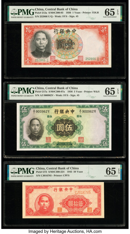 China Central Bank of China 1; 5; 50 Yuan 1936 (2); 1945 Pick 212a; 217a; 273 Th...