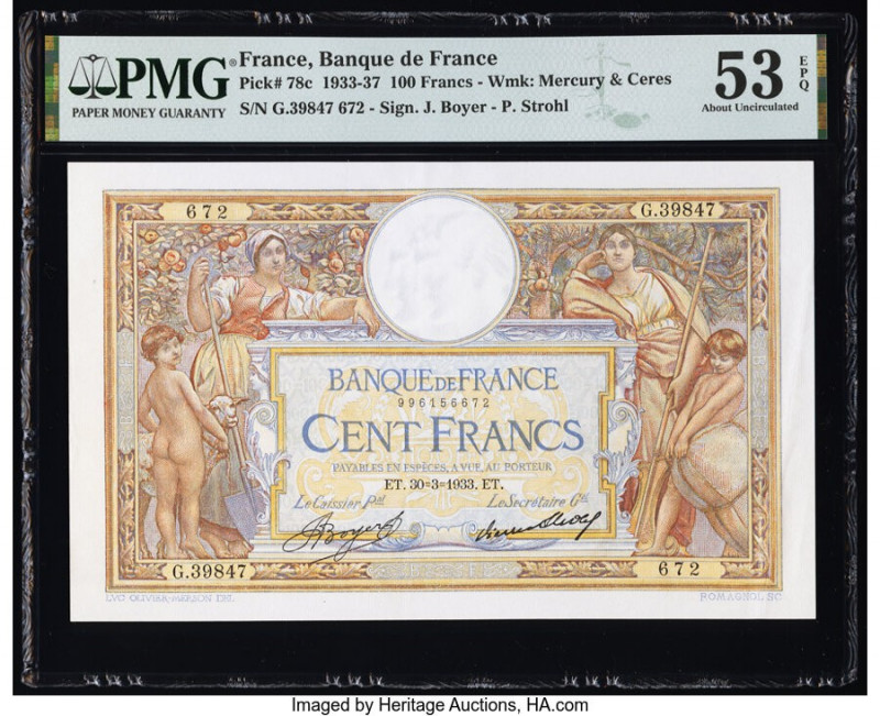 France Banque de France 100 Francs 30.3.1933 Pick 78c PMG About Uncirculated 53 ...