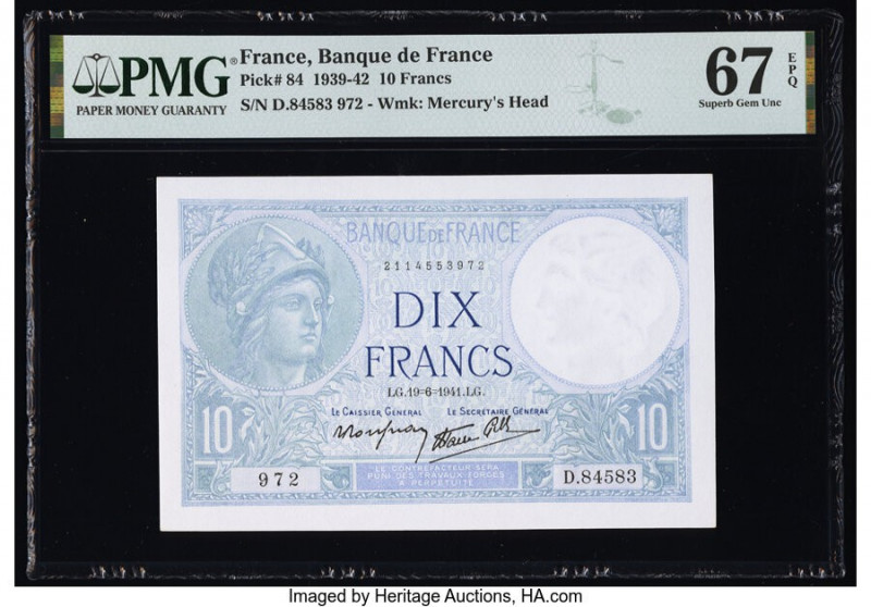 France Banque de France 10 Francs 19.6.1941 Pick 84 PMG Superb Gem Unc 67 EPQ. 
...