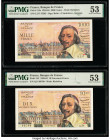 France Banque de France 1000 Francs; 10 Nouveaux Francs 5.1.1956; 4.2.1960 Pick 134a; 142 Two Examples PMG About Uncirculated 53 (2). Staple holes are...