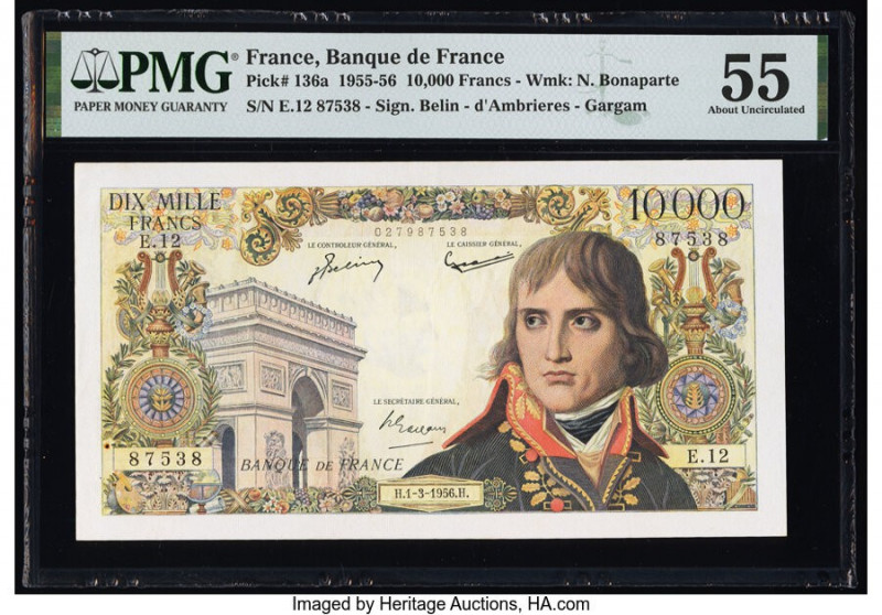 France Banque de France 10,000 Francs 1.3.1956 Pick 136a PMG About Uncirculated ...