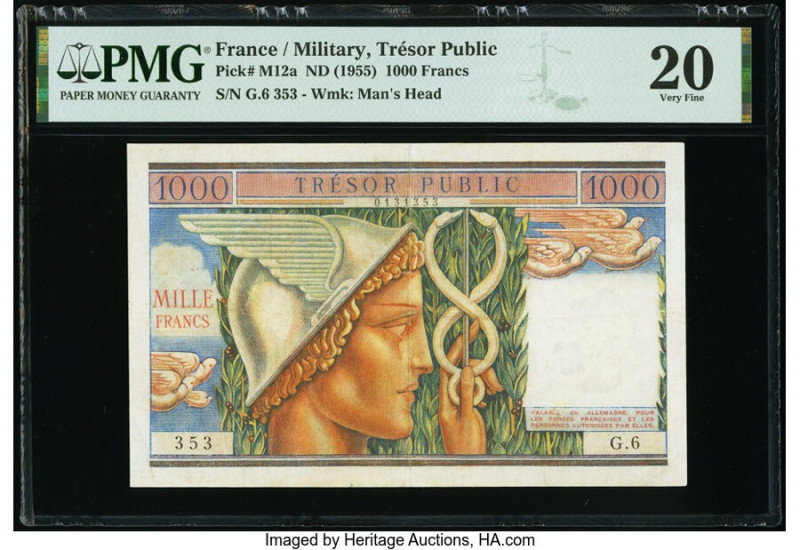 France Tresor Public 1000 Francs ND (1955) Pick M12a PMG Very Fine 20. Minor rep...